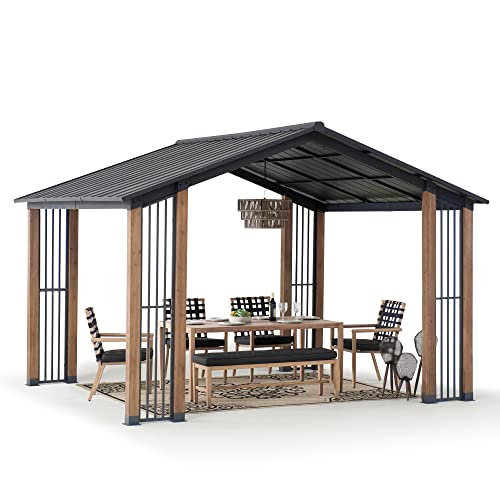 Sunjoy 11 x 13 ft. Hardtop Gazebo Outdoor Cedar Frame Wood Gazebo with Black Steel Hardtop Roof for Patio, Garden, Backyard, and Lawn Activities by - WoodArtSupply