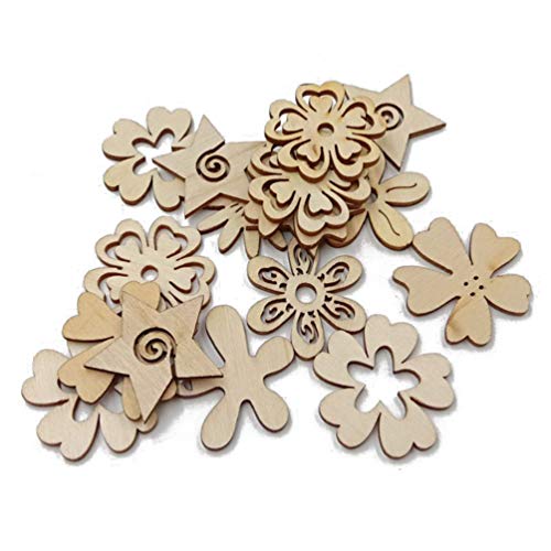 Healifty 50pcs Unfinished Wood Cutouts Assorted Flowers Shapes Wood Slices for DIY Craft Wedding Birthday Table Scatter Confetti