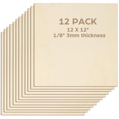 LotFancy Basswood Sheets for Craft, 12 Pack, 12 x 12 x 1/8 Inch, 3mm Thick Plywood Sheets, Unfinished Square Wood Boards for Laser Cutting &