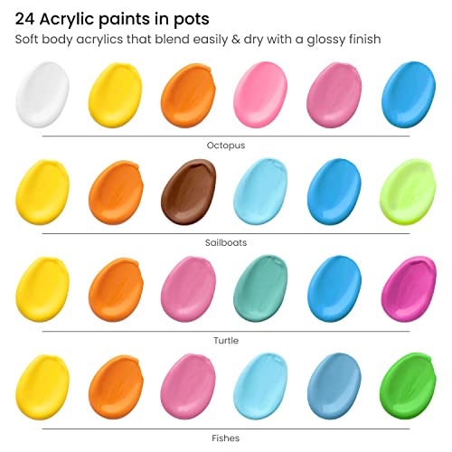 Arteza Kids Ocean Scenes Painting Kit, 4 Canvases, 8 x 8 in, 24 Acrylic Paints, 4 Paint Brushes, 4 Palettes, Kids Activities Ages 6 and Up Arteza Kids