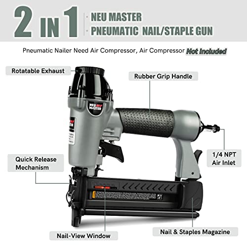 Pneumatic Brad Nailer, NEU MASTER 2 in 1 Nail Gun Staple Gun Fires 18 Gauge 2 Inch Brad Nails and Crown 1-5/8 inch Staples with Carrying Case and NEU MASTER