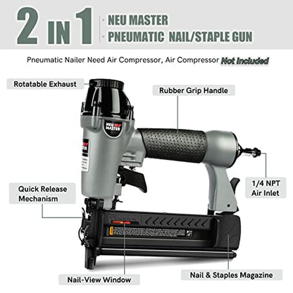 Pneumatic Brad Nailer, NEU MASTER 2 in 1 Nail Gun Staple Gun Fires 18 Gauge 2 Inch Brad Nails and Crown 1-5/8 inch Staples with Carrying Case and