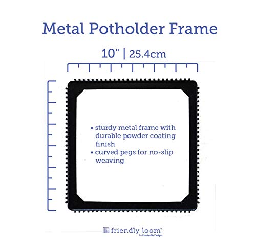 Friendly Loom 10" PRO Size Black Potholder Metal Loom Kit with Bright Rainbow Color Cotton Loops to Make 2 Potholders, Weaving Crafts for Kids & Harrisville Designs