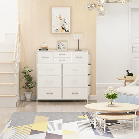 Lulive White Dresser for Bedroom with 10 Drawers, Chest of Drawers with Side Pockets and Hooks, PU Storage Dresser, Organizer Unit for Living Room, Lulive