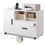 DEVAISE File Cabinet with Charging Station, 1 Drawer Rolling File Cabinet, Locking Filing Cabinet for Home Office, Printer Stand with Storage, White DEVAISE