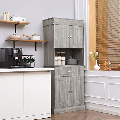 HOMCOM 72" Kitchen Buffet with Hutch, Freestanding Pantry Cabinet with Utility Drawer, 2 Door Cabinets, Adjustable Shelves and Countertop, Gray Wood