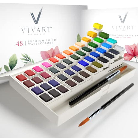 Watercolor Paint Set with 48 Premium Colors, 2 Artist Paint Brushes, 20-Sheet Paper Pad, Bonus Watercolor eBook Vivart
