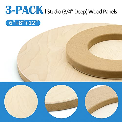Falling in Art Unfinished Round Birch Wood Panels Kit for Painting, Wooden Canvas 3 Pack of 6, 8", and 12" Studio 3/4" Deep, Cradle Boards for Falling in Art