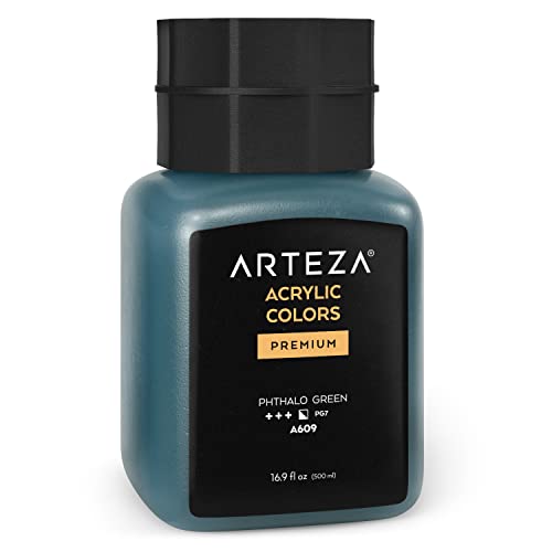 ARTEZA Acrylic Paint, A609 Phthalo Green, 16.9 fl oz, 500ml Jar, Opaque, Quick-Drying, Acrylic Paints for Painting on Canvas, Paper, Wood - WoodArtSupply