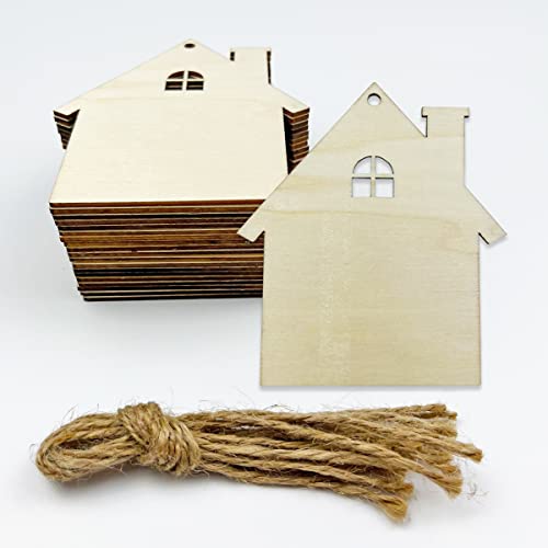 20pcs Unfinished House Wood Cut Out House Wood DIY Crafts Cutouts Blank Wooden House Shaped Hanging Ornaments JEKEJIAJIU