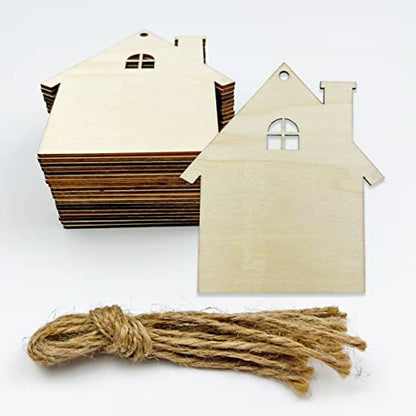 20pcs Unfinished House Wood Cut Out House Wood DIY Crafts Cutouts Blank Wooden House Shaped Hanging Ornaments