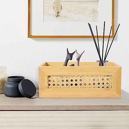 ANMINY 3 PCS Natural Bamboo Storage Bins Set Faux Rattan Frame Wicker Storage Baskets with Handles Sundry Office Drawer Desk Decorative Laundry - WoodArtSupply