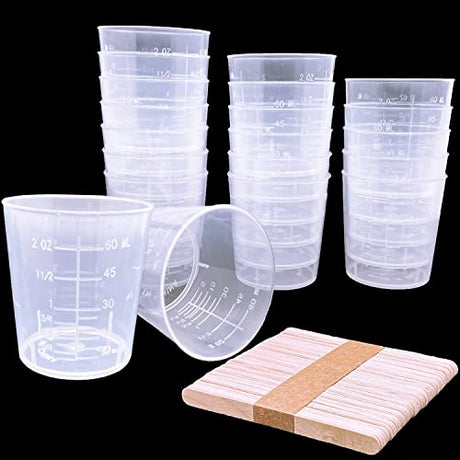 30 Pcs Plastic Graduated Cups, 60ml/2oz Clear Scale Cups with 50 Pcs Wooden Stirring Sticks for Epoxy, Resin, Stain, Mixing Paint MYYZMY
