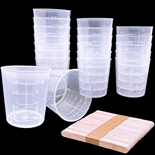 30 Pcs Plastic Graduated Cups, 60ml/2oz Clear Scale Cups with 50 Pcs Wooden Stirring Sticks for Epoxy, Resin, Stain, Mixing Paint - WoodArtSupply