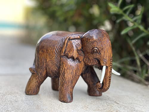 Land of Simple Treasures Hand Carved Wooden Elephant Statue - Wood Elephant Carving from Thailand - Feng Shui Elephant Figure - Brown, 5.5 Inches Land of Simple Treasures