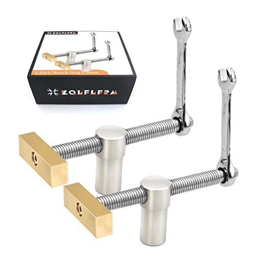 2 Pack Bench Dog Clamp Set for Woodworking, Stainless Steel and Brass Construction, Adjustable 3/4 Inch (19mm) Hole Stop for Workbench - WoodArtSupply