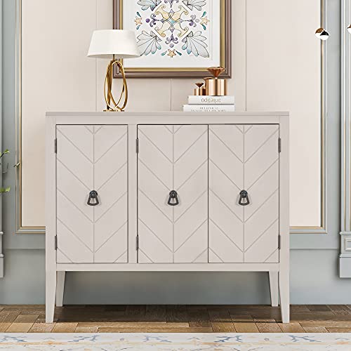 Quarte Accent Wooden Storage Sideboard Cabinet with Adjustable Shelf and 3 Doors, Antique Console Table Entryway Buffet Cabinet for Hallway/Living