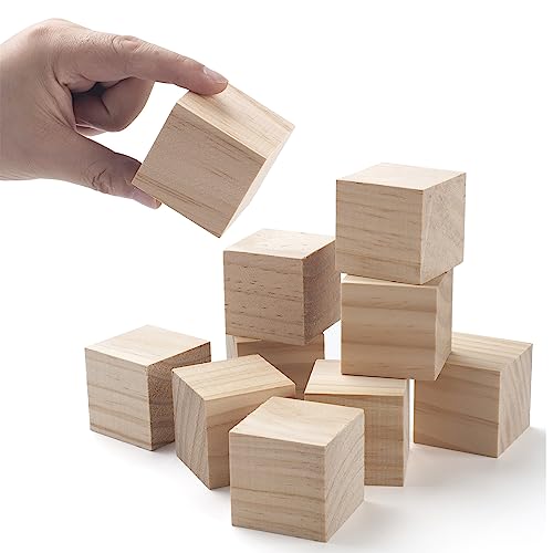 Blank Wood Blocks for Crafting, 2 inch 10PCS Unfinished Large Wooden Blocks for Crafts and Decor, Natural Solid Wooden Squares Wood Cubes for Baby