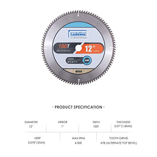 Luckyway 12 Inch Miter Saw Blade 100T with 1 Inch Arbor TCT Circular Saw Blade for Cutting Wood Luckyway