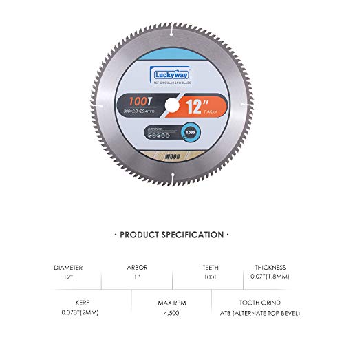 Luckyway 12 Inch Miter Saw Blade 100T with 1 Inch Arbor TCT Circular Saw Blade for Cutting Wood - WoodArtSupply