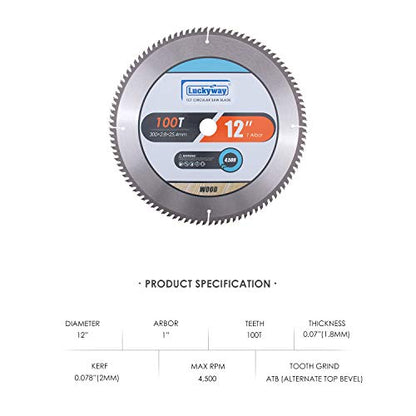 Luckyway 12 Inch Miter Saw Blade 100T with 1 Inch Arbor TCT Circular Saw Blade for Cutting Wood - WoodArtSupply