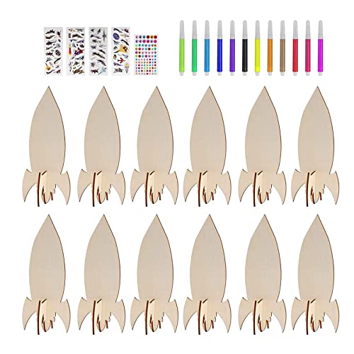 Aosekaa 12x Unfinished Wooden Cutouts Unpainted Wooden Paint Crafts Wood Pieces Rockets Wood Shapes for Outer Space, Painting, DIY, Drawing Signs Aosekaa