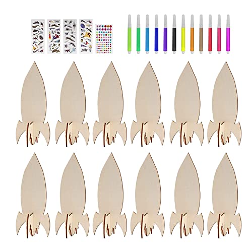 Aosekaa 12x Unfinished Wooden Cutouts Unpainted Wooden Paint Crafts Wood Pieces Rockets Wood Shapes for Outer Space, Painting, DIY, Drawing Signs