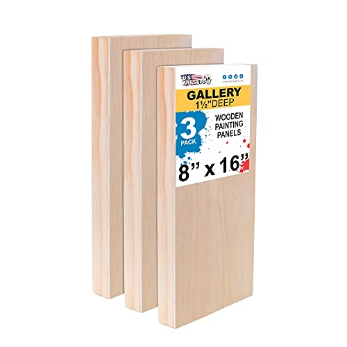 U.S. Art Supply 8" x 16" Birch Wood Paint Pouring Panel Boards, Gallery 1-1/2" Deep Cradle (Pack of 3) - Artist Depth Wooden Wall Canvases - Painting U.S. Art Supply