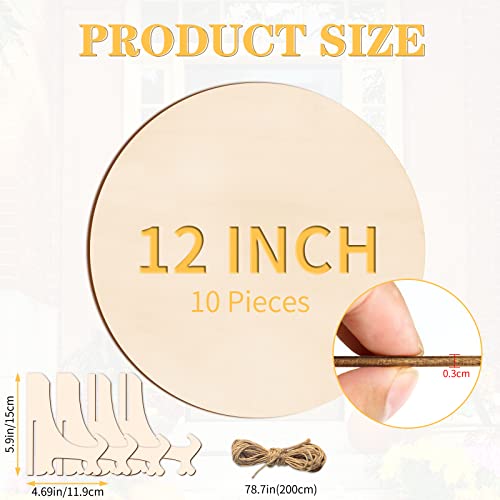 12 Inch Wood Circles for Crafts, 10Pcs Unfinished Wood Crafts with Holders, DIY Wood Rounds for Cricut Projects, Door Hanger, Wood Burning, Painting,