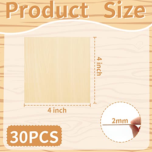 Benvo 30 Pieces Birch Plywood Sheets Craft Wood Unfinished Square Wood Blank Coaster Bulk for Crafts Laser Cutting, Drinks, Painting, Writing,