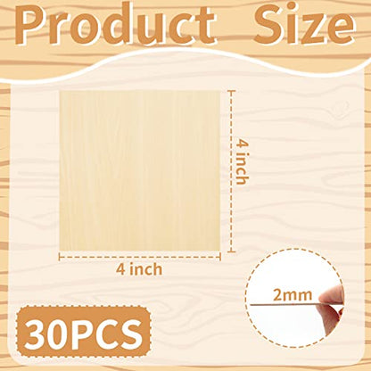 Benvo 30 Pieces Birch Plywood Sheets Craft Wood Unfinished Square Wood Blank Coaster Bulk for Crafts Laser Cutting, Drinks, Painting, Writing,