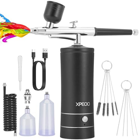 Airbrush KIT Cordless Rechargable with Compressor Portable Air Brush Sets,Auto Handled for Model Painting,Nail,Make Up,Tattoo, Black XPEOO