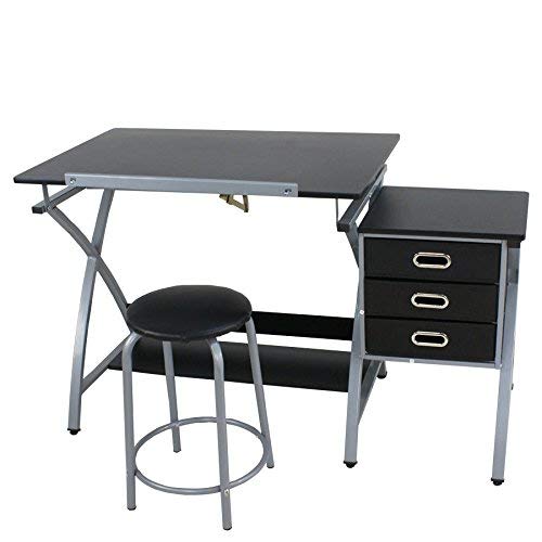 HomGarden Adjustable Drawing Desk Drafting Table Folding Art Craft Table Station w/Stool and 3 Storage Drawers HomGarden