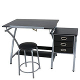 HomGarden Adjustable Drawing Desk Drafting Table Folding Art Craft Table Station w/Stool and 3 Storage Drawers HomGarden