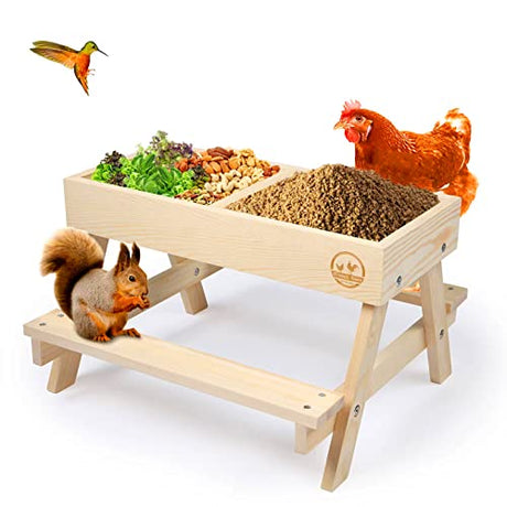 Chicken Picnic Table No Waste, Large Chicken Feeder Handmade Wooden, DIY Chicken Table Feeder Kit, Wild Bird, Duck & Squirrel Feeders No Mess, Mesh CHTSJQW