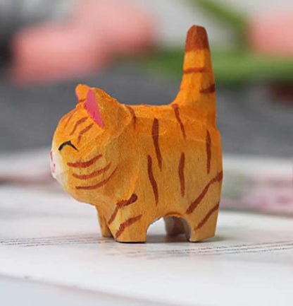 Wooden Cat Figurine - Small 1.85", Hand-Made, Carving, Decoration, Decoy, Small Animals, Cat Lover (Orange Cat) - WoodArtSupply