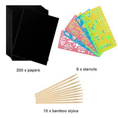 ZEAYEA 200 Pcs Scratch Paper Art Set, Scratch Off Rainbow Magic Paper with 10 Bamboo Stylus, 8 Stencils, Black Scratch Notes for Boys and Girls DIY