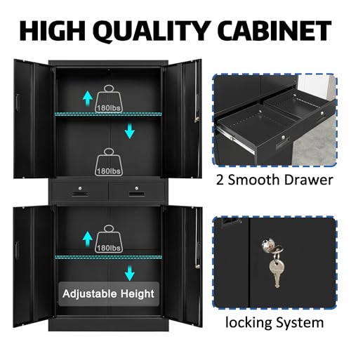 Metal Storage Cabinet，71" Garage Storage Cabinet with 2 Locking Drawer and 4 Adjustable Shelves ，Black Tool Cabinet，Lockable File Steel Cabinet for TaskStorz