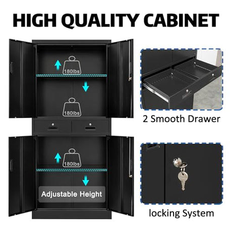 Metal Storage Cabinet，71" Garage Storage Cabinet with 2 Locking Drawer and 4 Adjustable Shelves ，Black Tool Cabinet，Lockable File Steel Cabinet for TaskStorz