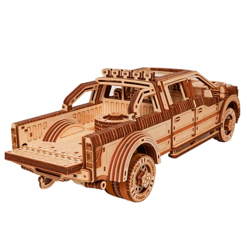Wood Trick Pickup Truck SUV Car Wooden 3D Puzzles for Adults and Kids to Build - Rides up to 32 feet - Engineering DIY Mechanical Wood Model Kits