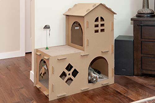 Furhaven Multi-Level Cardboard Cat House w/ Catnip for Indoor Cats, Ft. Scratching Pads & Toys - Farmhouse Corrugated Cat Scratcher Hideout - Furhaven