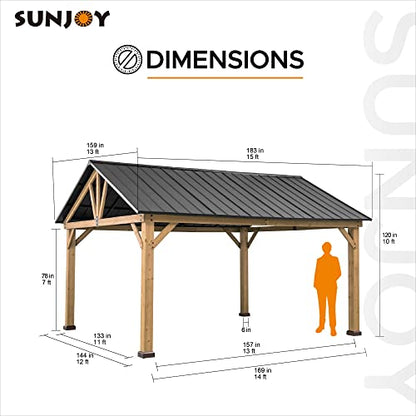 Sunjoy Wood Gazebo 13 x 15 ft. Outdoor Patio Premium Cedar Frame Gazebos with Matte Black Steel Gable Hardtop Roof for Garden, Backyard Shade, Black