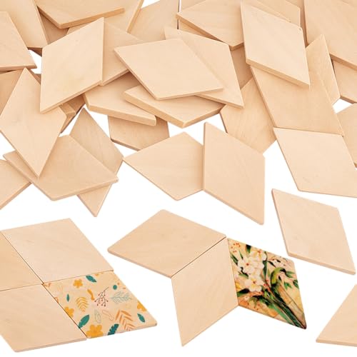 OLYCRAFT 50PCS Wood Pieces Unfinished Wood Rhombus Pieces Natural Wood Rhombus Cutout Shape Wood Rhombus Blank Slices for DIY Crafts Holiday