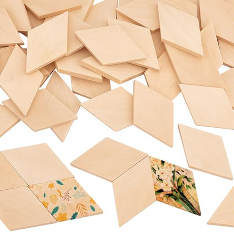 OLYCRAFT 50PCS Wood Pieces Unfinished Wood Rhombus Pieces Natural Wood Rhombus Cutout Shape Wood Rhombus Blank Slices for DIY Crafts Holiday OLYCRAFT