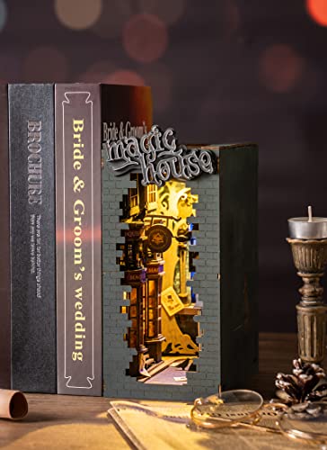 ROBOTIME DIY Book Nook Kit Decorative Booknook Bookshelf Insert Bookcase Book Stand 3D Wooden Puzzle DIY Miniature House Kit with LED Light Model Kit