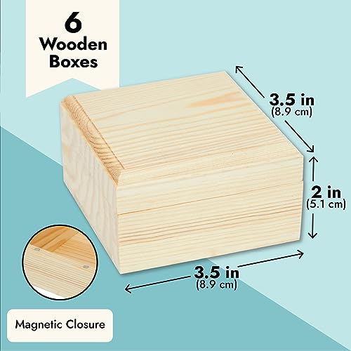 6 Pack Unfinished Wooden Boxes with Hinged Lids, Pinewood Magnetic Wood Box for Crafts, Jewelry Storage (3.5 x 3.5 x 2 In) Bright Creations