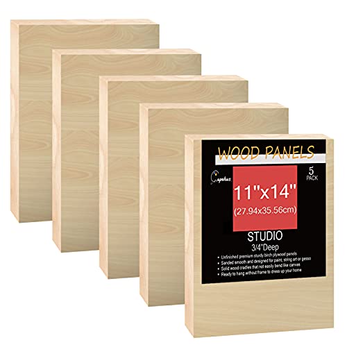 Unfinished Birch Wood Boards Canvas for Painting, 5 Packs 3/4’’ Deep Cupohus 11’’ x 14’’ Wooden Cradled Panels for Pouring Art, Crfats, Paints and Cupohus