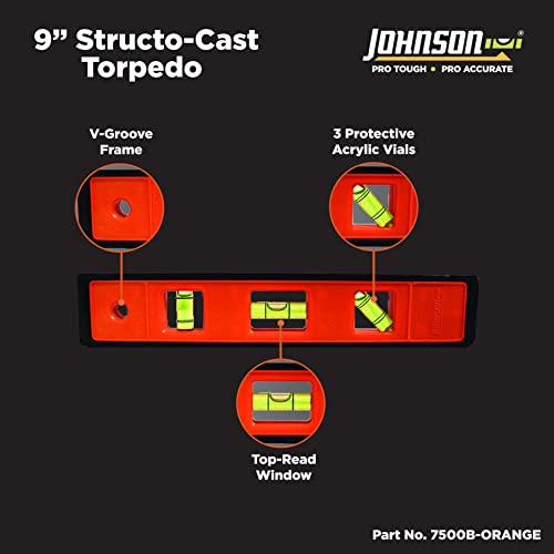 Johnson Level & Tool 7500B-ORANGE Structo-Cast Torpedo Level, 9", Orange, 1 Level - WoodArtSupply