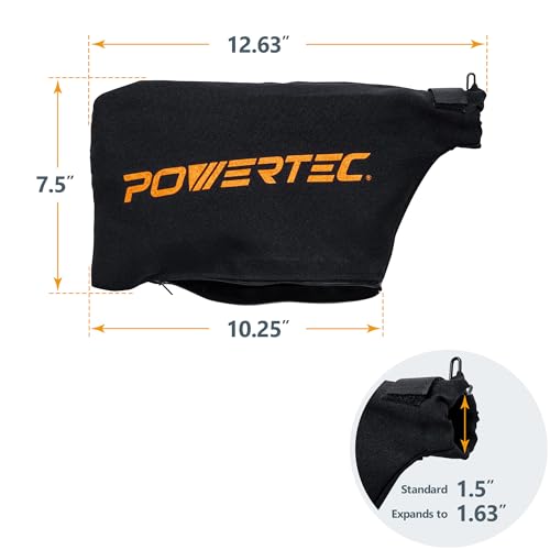 POWERTEC 75081 Miter Saw/Track Saw Dust Bag fits Nominal 1-1/2" Dust Ports, Expands to 1-5/8", Hook and Loop Dust Collector Bag with Zipper and Wired POWERTEC