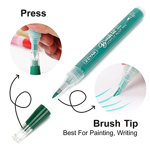 ZEYAR Acrylic Paint Pens Brush Tip, Valve-action Structure, Waterproof Ink, Writes on Paper, Rock, Rubber, Ceramics, Wood, Glass and more, Patented ZEYAR